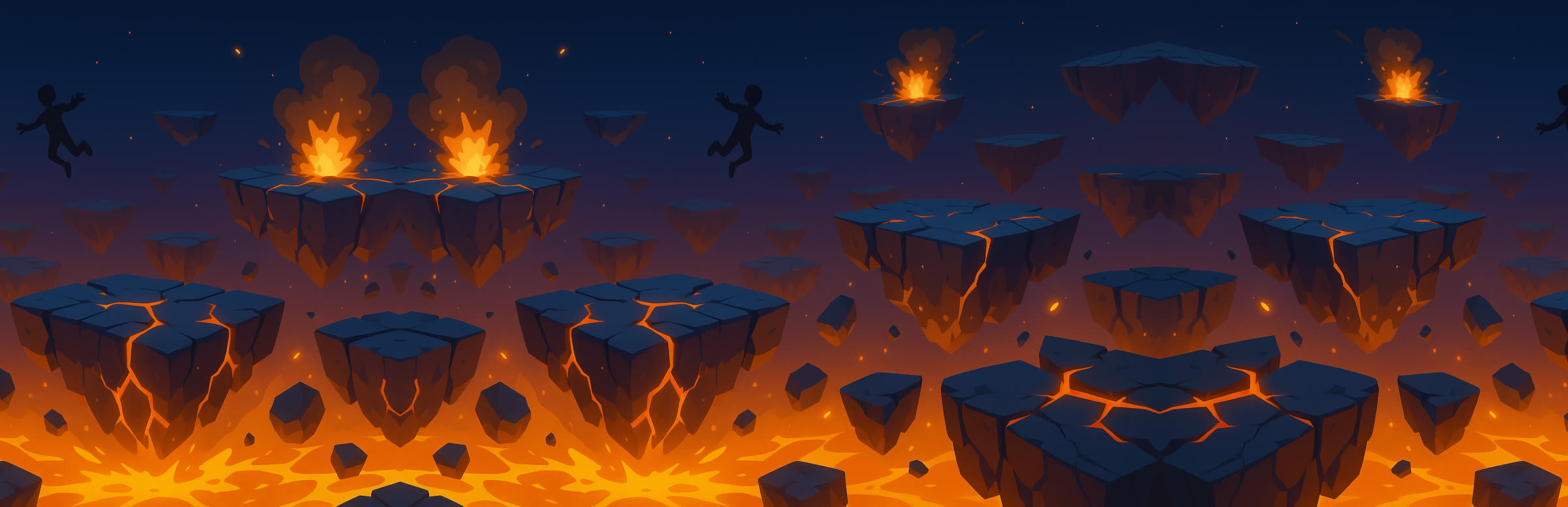 Bomb VR key art: cracked rock platforms suspended over lava, figures falling between them as explosions go off.